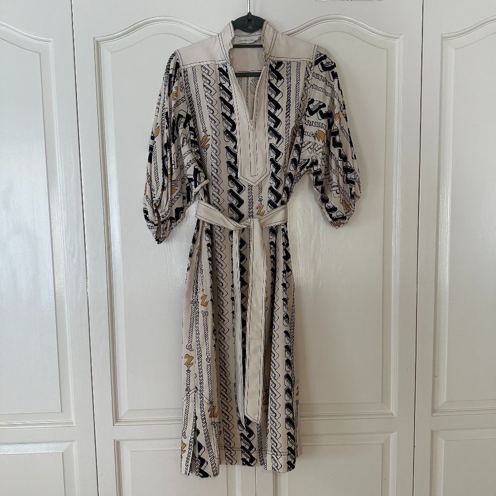 ZIMMERMAN Chain and Rope Z Print Silk Belted Dress with Puff Sleeve - SIZE 1
